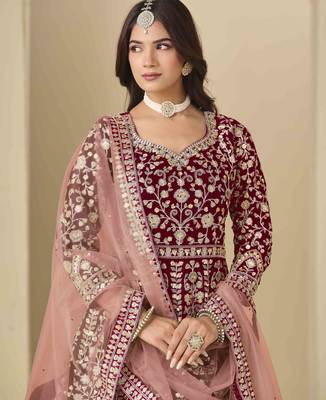 Maroon velvet heavy thread embroidery with sequins work salwar kameez 4