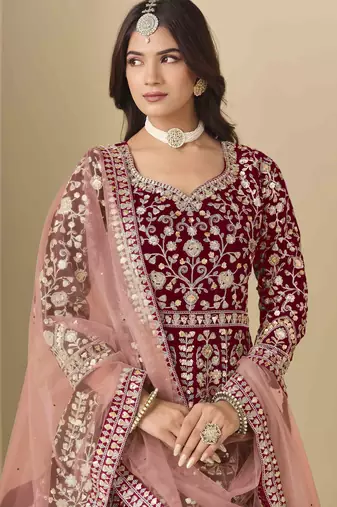 Maroon velvet heavy thread embroidery with sequins work salwar kameez