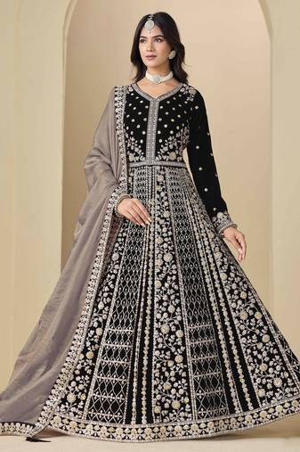 Black velvet heavy thread embroidery with sequins work salwar kameez