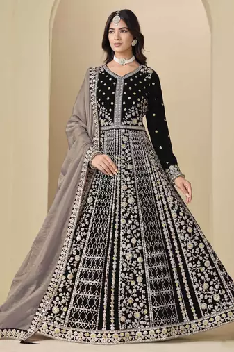 Black velvet heavy thread embroidery with sequins work salwar kameez