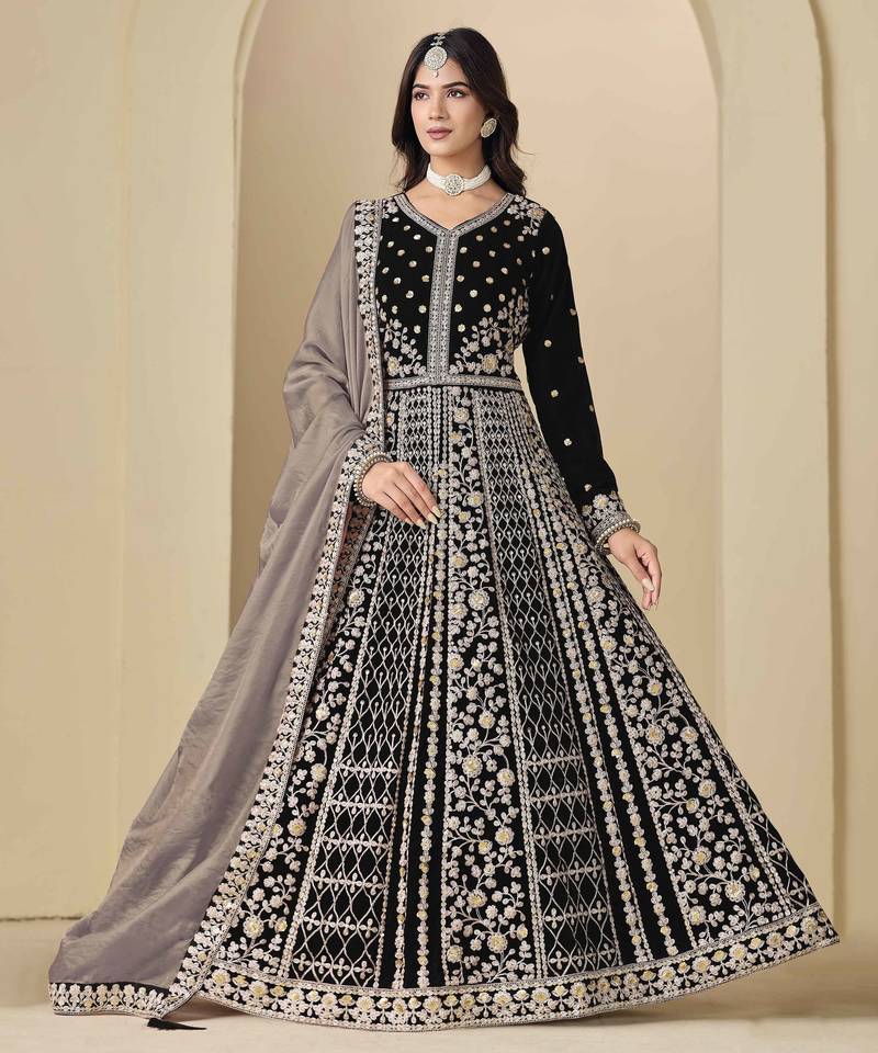 Black velvet heavy thread embroidery with sequins work salwar kameez
