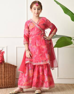 Girls pink floral printed angrakha sharara set with dupatta ilksd29 1