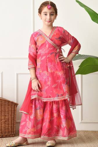 Girls pink floral printed angrakha sharara set with dupatta ilksd29