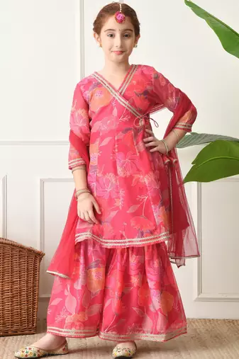 Girls pink floral printed angrakha sharara set with dupatta ilksd29