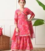 Girls pink floral printed angrakha sharara set with dupatta ilksd29