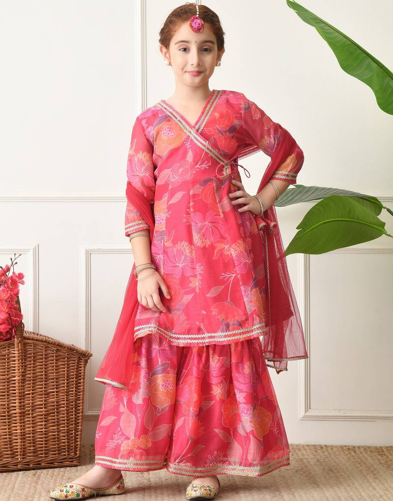 Girls pink floral printed angrakha sharara set with dupatta ilksd29