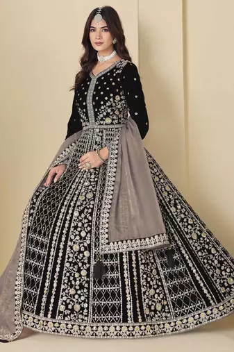 Black velvet heavy thread embroidery with sequins work salwar kameez