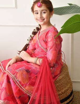 Girls pink floral printed angrakha sharara set with dupatta ilksd29 2
