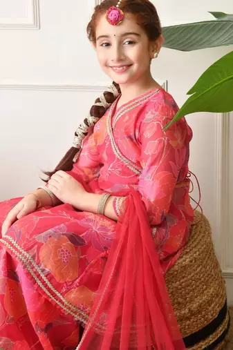 Girls pink floral printed angrakha sharara set with dupatta ilksd29