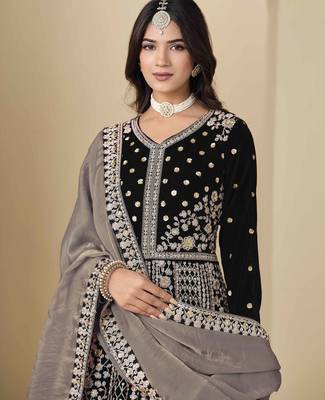 Black velvet heavy thread embroidery with sequins work salwar kameez 3