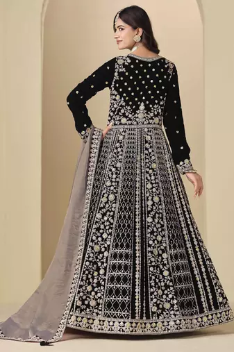 Black velvet heavy thread embroidery with sequins work salwar kameez