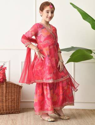 Girls pink floral printed angrakha sharara set with dupatta ilksd29 4