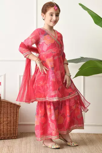 Girls pink floral printed angrakha sharara set with dupatta ilksd29