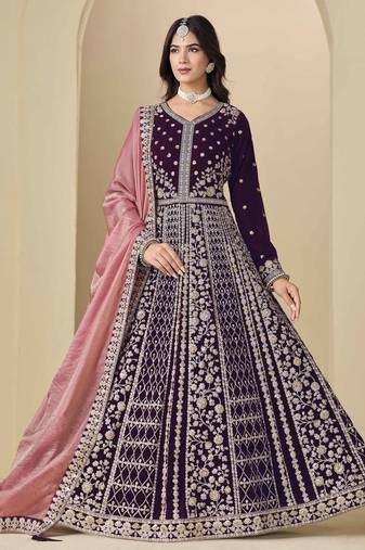 Purple velvet heavy thread embroidery with sequins work salwar kameez