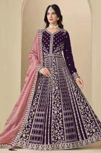 Purple velvet heavy thread embroidery with sequins work salwar kameez