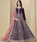 Purple velvet heavy thread embroidery with sequins work salwar kameez