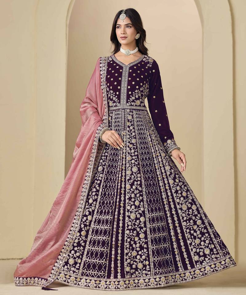 Purple velvet heavy thread embroidery with sequins work salwar kameez