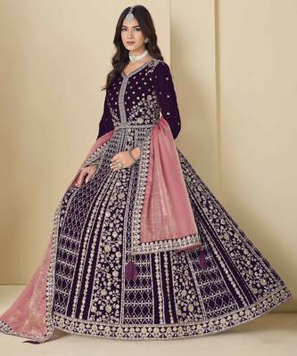 Purple velvet heavy thread embroidery with sequins work salwar kameez 2