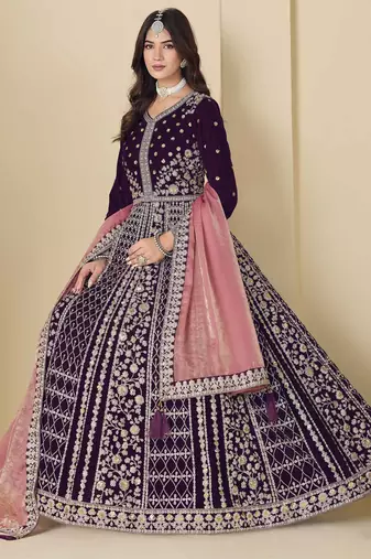 Purple velvet heavy thread embroidery with sequins work salwar kameez