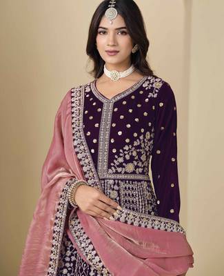 Purple velvet heavy thread embroidery with sequins work salwar kameez 3
