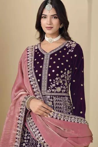 Purple velvet heavy thread embroidery with sequins work salwar kameez