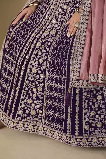Purple velvet heavy thread embroidery with sequins work salwar kameez