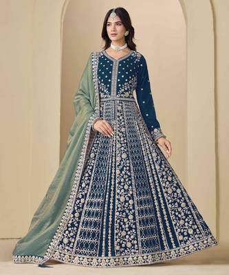 Blue velvet heavy thread embroidery with sequins work salwar kameez 1