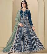 Blue velvet heavy thread embroidery with sequins work salwar kameez