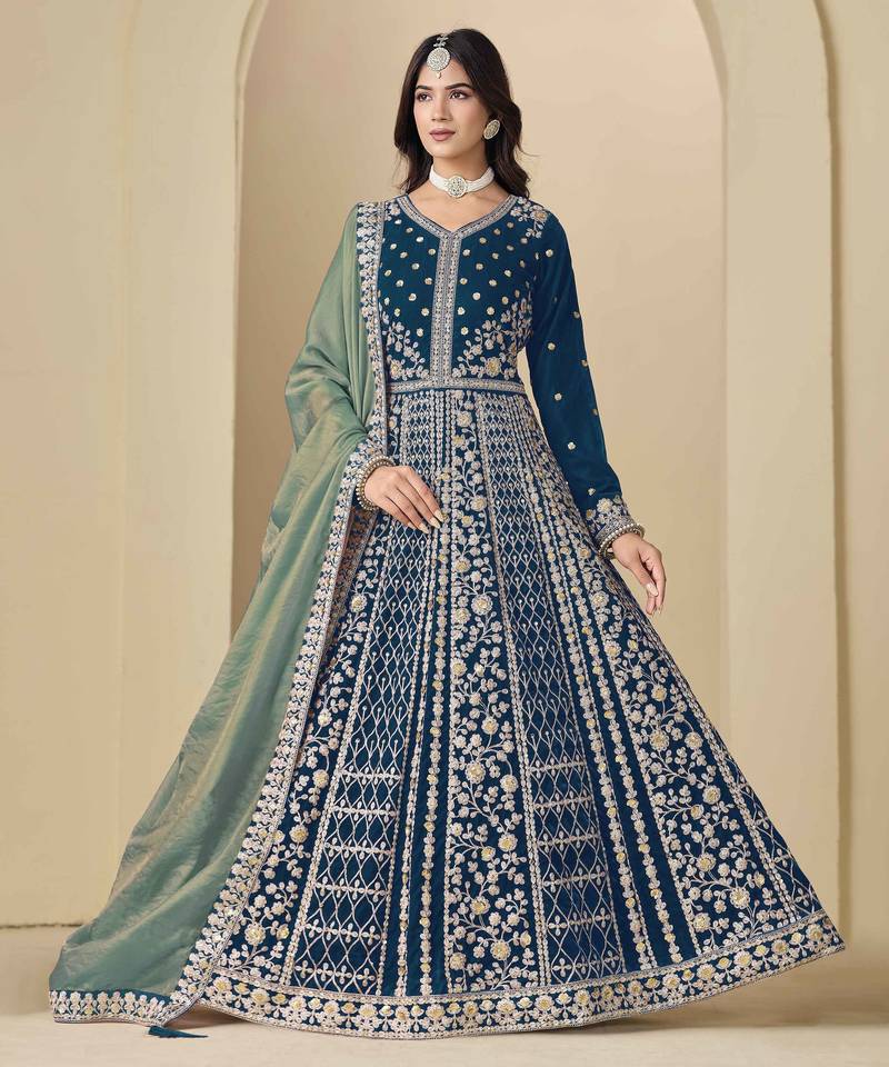 Blue velvet heavy thread embroidery with sequins work salwar kameez