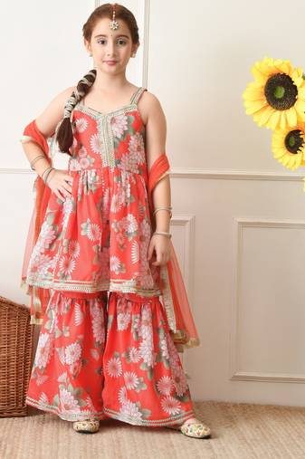 Girl's red and pink floral printed sharara set with dupatta ilksd41
