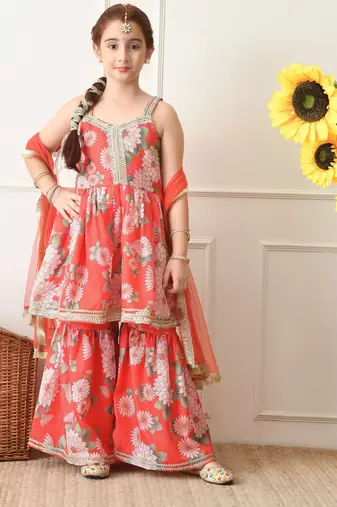 Girl's red and pink floral printed sharara set with dupatta ilksd41
