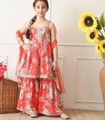 Girl's red and pink floral printed sharara set with dupatta ilksd41