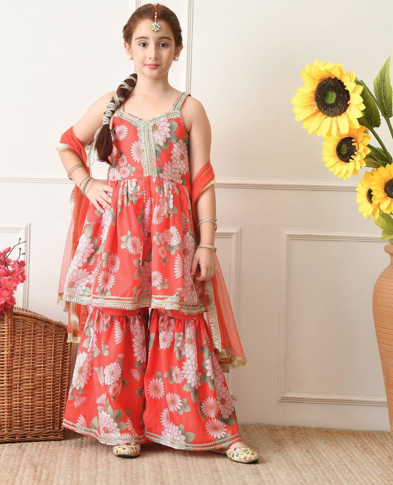 Girl's red and pink floral printed sharara set with dupatta ilksd41