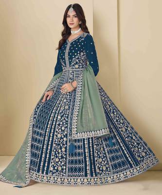 Blue velvet heavy thread embroidery with sequins work salwar kameez 2