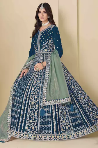 Blue velvet heavy thread embroidery with sequins work salwar kameez