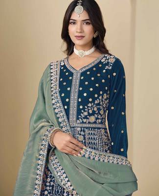 Blue velvet heavy thread embroidery with sequins work salwar kameez 3