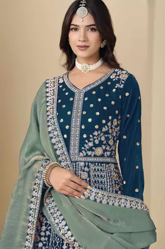 Blue velvet heavy thread embroidery with sequins work salwar kameez
