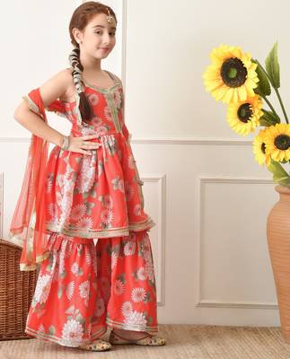 Girl's red and pink floral printed sharara set with dupatta ilksd41 2