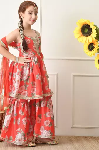 Girl's red and pink floral printed sharara set with dupatta ilksd41