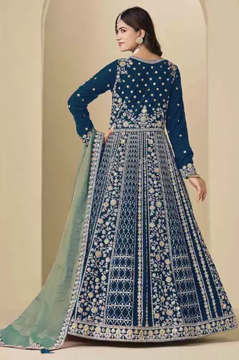 Blue velvet heavy thread embroidery with sequins work salwar kameez
