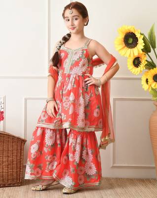 Girl's red and pink floral printed sharara set with dupatta ilksd41 3
