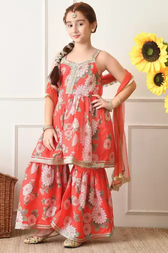 Girl's red and pink floral printed sharara set with dupatta ilksd41