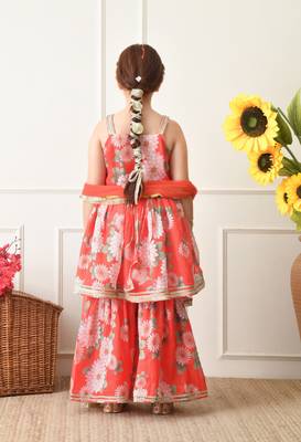 Girl's red and pink floral printed sharara set with dupatta ilksd41 4