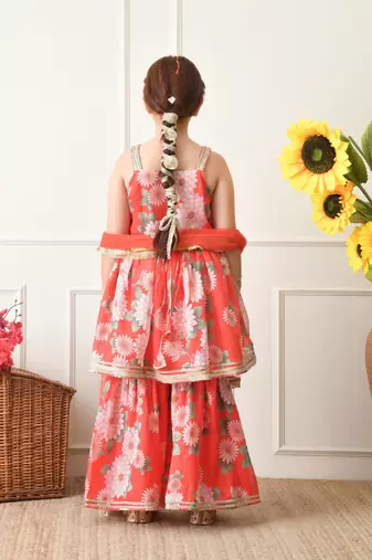 Girl's red and pink floral printed sharara set with dupatta ilksd41