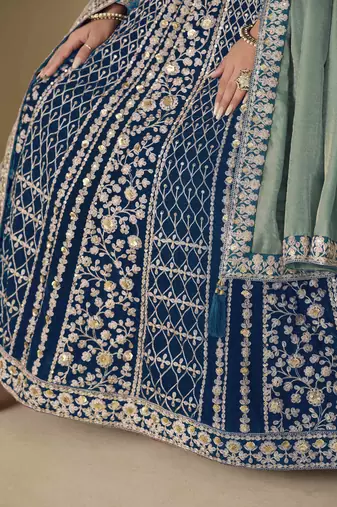 Blue velvet heavy thread embroidery with sequins work salwar kameez