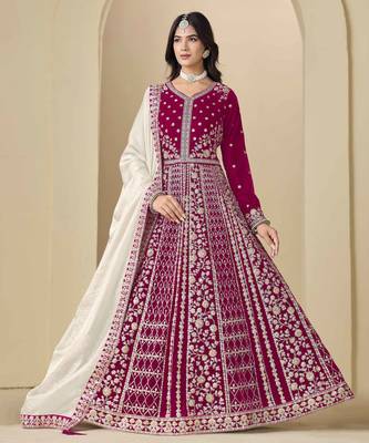 Rani pink velvet heavy thread embroidery with sequins work salwar kameez 1