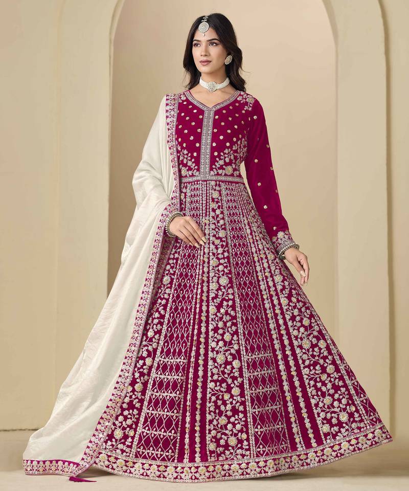 Rani pink velvet heavy thread embroidery with sequins work salwar kameez