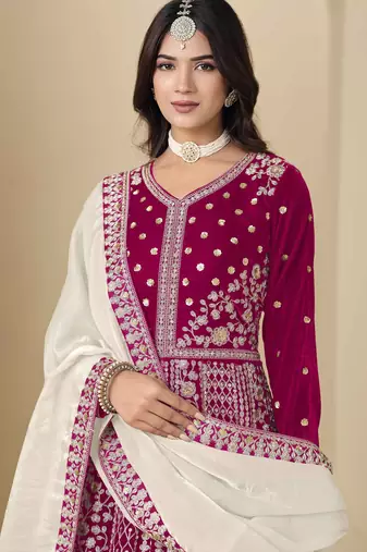 Rani pink velvet heavy thread embroidery with sequins work salwar kameez