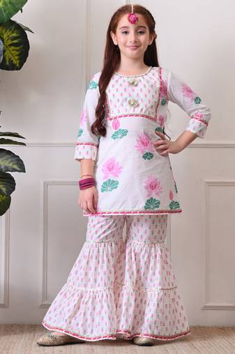 Girl's floral printed kurta sharara set     pink lotus print. ilks001