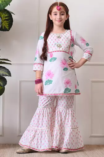 Girl's floral printed kurta sharara set     pink lotus print. ilks001